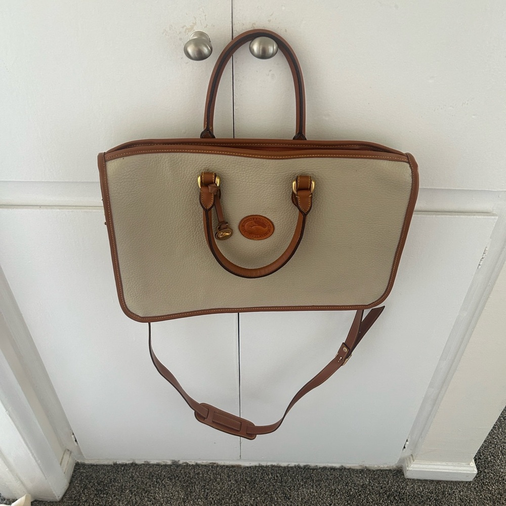 Dooney & Bourke Cream Pebbled Leather Satchel with Brown Trim